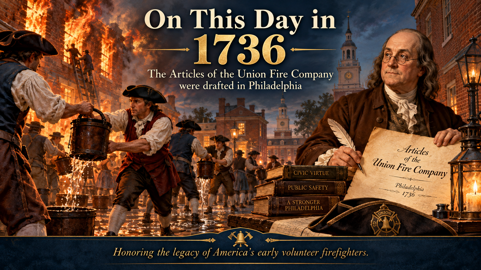 Benjamin Franklin and a colonial bucket brigade commemorating the Union Fire Company founded in Philadelphia in 1736